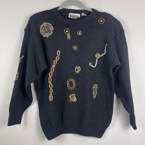 Vintage 90s Black Silk Blend Sweater Multi-Color Beaded Anytime‎ Glitz Small